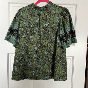 Loft Tunic green and black, flowy, high neck, wide sleeve